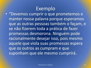 Exemplo

• “Devemos cumprir o que prometemos e
manter nossa palavra porque esperamos
que as outras pessoas também o façam, e
se não fizerem toda a prática de fazer
promessas desmorona. Ninguém pode
racionalmente desejar isso, pois mesmo
aquele que viola suas promessas espera
que os outros as cumpram e que
suponham que ele mesmo cumprirá.
Prof. Jerry A. V. Chacon

13

 
