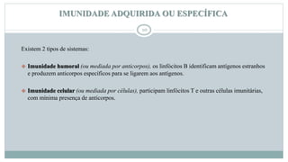 IMUNIDADE ADQUIRIDA OU ESPECÍFICA
10
Existem 2 tipos de sistemas:
 Imunidade humoral (ou mediada por anticorpos), os linfócitos B identificam antígenos estranhos
e produzem anticorpos específicos para se ligarem aos antígenos.
 Imunidade celular (ou mediada por células), participam linfócitos T e outras células imunitárias,
com mínima presença de anticorpos.
 
