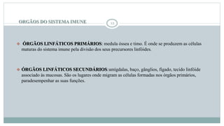 ORGÃOS DO SISTEMA IMUNE 12
 ÓRGÃOS LINFÁTICOS PRIMÁRIOS: medula óssea e timo. É onde se produzem as células
maturas do sistema imune pela divisão dos seus precursores linfóides.
 ÓRGÃOS LINFÁTICOS SECUNDÁRIOS:amígdalas, baço, gânglios, fígado, tecido linfóide
associado às mucosas. São os lugares onde migram as células formadas nos órgãos primários,
paradesempenhar as suas funções.
 
