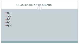 CLASSES DE ANTICORPOS
6
IgG
 IgM
IgA
IgE
IgD
 