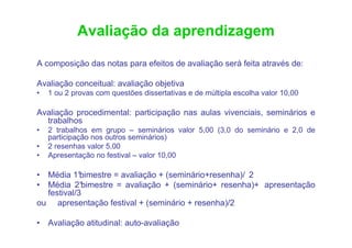 Avaliação da aprendizagem

A composição das notas para efeitos de avaliação será feita através de:

Avaliação conceitual: avaliação objetiva
•   1 ou 2 provas com questões dissertativas e de múltipla escolha valor 10,00

Avaliação procedimental: participação nas aulas vivenciais, seminários e
  trabalhos
•   2 trabalhos em grupo – seminários valor 5,00 (3,0 do seminário e 2,0 de
    participação nos outros seminários)
•   2 resenhas valor 5,00
•   Apresentação no festival – valor 10,00

• Média 1°  bimestre = avaliação + (seminário+resenha)/ 2
• Média 2°  bimestre = avaliação + (seminário+ resenha)+ apresentação
  festival/3
ou apresentação festival + (seminário + resenha)/2

• Avaliação atitudinal: auto-avaliação
 