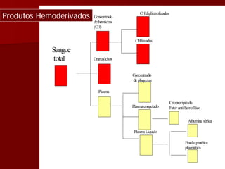 Produtos Hemoderivados   Concentrado
                                            CH diglicerolizadas
                         de hemáceas
                         (CH)


                                         CH lavadas

            Sangue
            total        Granulócitos


                                        Concentrado
                                        de plaquetas

                            Plasma

                                                                  Crioprecipitado
                                        Plasma congelado          Fator anti-hemofílico


                                                                              Albumina sérica

                                         Plasma Líquido

                                                                            Fração protéica
                                                                            plasmática
 