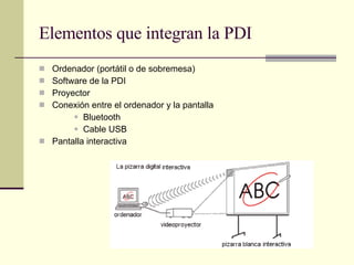 Elementos que integran la PDI Ordenador (portátil o de sobremesa) Software de la PDI Proyector Conexión entre el ordenador y la pantalla Bluetooth Cable USB Pantalla interactiva 