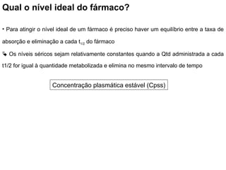 Qual o nível ideal do fármaco?
• Para atingir o nível ideal de um fármaco é preciso haver um equilíbrio entre a taxa de
absorção e eliminação a cada t1/2 do fármaco
 Os níveis séricos sejam relativamente constantes quando a Qtd administrada a cada
t1/2 for igual à quantidade metabolizada e elimina no mesmo intervalo de tempo
Concentração plasmática estável (Cpss)
 