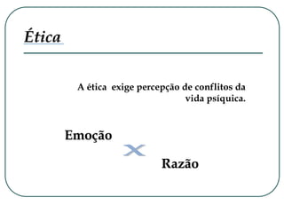 A ética exige percepção de conflitos da
vida psíquica.
Emoção
Razão
Ética
 