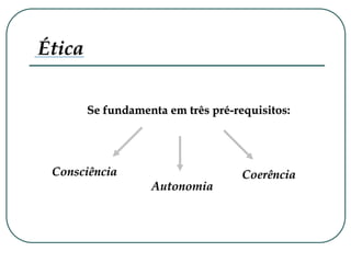 Se fundamenta em três pré-requisitos:
Consciência
Autonomia
Coerência
Ética
 