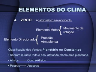 ELEMENTOS DO CLIMA
4. VENTO – Ar atmosférico em movimento.
Elemento Motor
{ Movimento de
rotação
Elemento Direcionado
{ Pressão
Atmosférica
Classificação dos Ventos: Planetário ou Constantes
• Sopram durante todo o ano, afetando macro área planetária.
• Alísios Contra-Alísios
• Polares Apolares
 