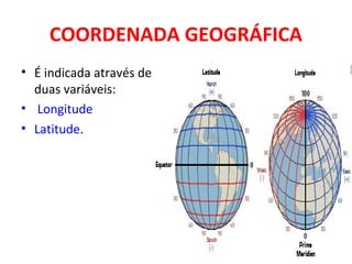 COORDENADA GEOGRÁFICA
• É indicada através de
duas variáveis:
• Longitude
• Latitude.
 
