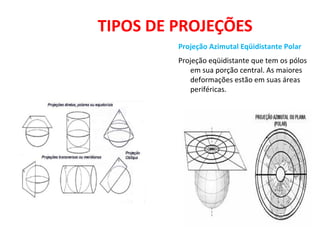 TIPOS DE PROJEÇÕES
Projeção Azimutal Eqüidistante Polar
Projeção eqüidistante que tem os pólos
em sua porção central. As maiores
deformações estão em suas áreas
periféricas.
 