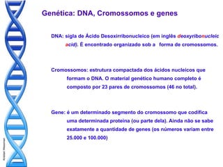 Genética: DNA, Cromossomos e genes


                     DNA: sigla de Ácido Desoxirribonucleico (em inglês deoxyribonucleic
                          acid). É encontrado organizado sob a forma de cromossomos.




                     Cromossomos: estrutura compactada dos ácidos nucleicos que
                           formam o DNA. O material genético humano completo é
                           composto por 23 pares de cromossomos (46 no total).




                     Gene: é um determinado segmento do cromossomo que codifica
                           uma determinada proteína (ou parte dela). Ainda não se sabe
                           exatamente a quantidade de genes (os números variam entre
                           25.000 e 100.000)
Kristian Wessman
 