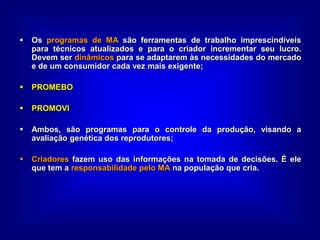  Os programas de MA são ferramentas de trabalho imprescindíveis
para técnicos atualizados e para o criador incrementar seu lucro.
Devem ser dinâmicos para se adaptarem às necessidades do mercado
e de um consumidor cada vez mais exigente;
 PROMEBO
 PROMOVI
 Ambos, são programas para o controle da produção, visando a
avaliação genética dos reprodutores;
 Criadores fazem uso das informações na tomada de decisões. É ele
que tem a responsabilidade pelo MA na população que cria.
 
