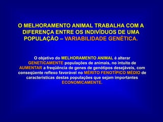 O MELHORAMENTO ANIMAL TRABALHA COM A
DIFERENÇA ENTRE OS INDIVÍDUOS DE UMA
POPULAÇÃO – VARIABILIDADE GENÉTICA.
O objetivo do MELHORAMENTO ANIMAL é alterar
GENETICAMENTE populações de animais, no intuito de
AUMENTAR a freqüência de genes de genótipos desejáveis, com
conseqüente reflexo favorável no MÉRITO FENOTÍPICO MÉDIO de
características destas populações que sejam importantes
ECONOMICAMENTE.
 