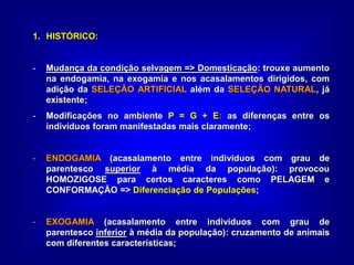 1. HISTÓRICO:
- Mudança da condição selvagem => Domesticação: trouxe aumento
na endogamia, na exogamia e nos acasalamentos dirigidos, com
adição da SELEÇÃO ARTIFICIAL além da SELEÇÃO NATURAL, já
existente;
- Modificações no ambiente P = G + E: as diferenças entre os
indivíduos foram manifestadas mais claramente;
- ENDOGAMIA (acasalamento entre indivíduos com grau de
parentesco superior à média da população): provocou
HOMOZIGOSE para certos caracteres como PELAGEM e
CONFORMAÇÃO => Diferenciação de Populações;
- EXOGAMIA (acasalamento entre indivíduos com grau de
parentesco inferior à média da população): cruzamento de animais
com diferentes características;
 