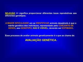 SELEÇÃO => significa proporcionar diferentes taxas reprodutivas aos
diferentes genótipos.
A MAIOR DIFICULDADE em se IDENTIFICAR animais desejáveis é que o
mérito genético dos indivíduos, representado pelo CONJUNTO DE
GENES, seu GENÓTIPO, NÃO É VISÍVEL, devendo ser ESTIMADO.
Esse processo de avaliar animais geneticamente é o que se chama de:
AVALIAÇÃO GENÉTICA.
 