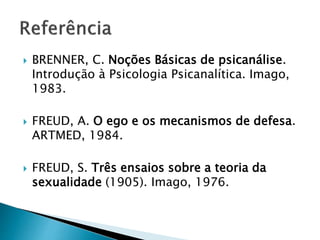  BRENNER, C. Noções Básicas de psicanálise. 
Introdução à Psicologia Psicanalítica. Imago, 
1983. 
 FREUD, A. O ego e os mecanismos de defesa. 
ARTMED, 1984. 
 FREUD, S. Três ensaios sobre a teoria da 
sexualidade (1905). Imago, 1976. 
