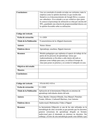 Conclusiones Una vez concluido el estudio en todas sus vertientes, tanto la
empírica como la opinión doctrinal, lo que resulta más
llamativo es el desconocimiento de Google Drive y su poco
uso «absoluto». Si se atiende a su uso «relativo» (por quien
lo conoce) el porcentaje de utilización se sitúa por encima del
90%, guardando una relación de proporcionalidad directa con
la opinión favorable sobre su utilización.
Código del Artículo
Fecha de extracción 5-1-2020
Título de la Publicación 9 características de la «flipped classroom»
Autores Néstor Alonso
Palabras claves Aprendizaje, enseñnza, flipped clasroom
Resumen Modelo pedagógico que replantea el espacio de trabajo de las
partes de los procesos de aprendizaje: tareas que
tradicionalmente se llevaban a cabo dentro del aula se
plantean como trabajo para casa y se utiliza el tiempo de
clase para poner en práctica y en común lo trabajado en casa.
Objetivos del estudio
Muestra
Conclusiones
Código del Artículo 978-84-9921-935-6
Fecha de extracción 5-1-2020
Título de la Publicación Aplicación de la herramienta EDpuzzle en entornos de
aprendizaje individuales dentro del aula
Autores Pueo, Basilio | Jimenez-Olmedo, Jose Manuel | Penichet-
Tomás, Alfonso | Carbonell Martínez, José Antonio
Palabras claves Audiovisual | Multimedia | Vídeo | Flipped
Resumen La herramienta EDpuzzle es una de las más utilizadas en la
metodología de clase invertida ya que permite que los docentes
generen estructuras de aprendizaje dirigido en formato
audiovisual para el alumnado en entornos no docentes. Sin
embargo, el éxito de esta metodología puede estar debida a que
 