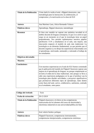 Título de la Publicación Cómo darle la vuelta al aula: «flipped classroom», una
metodología para la interacción, la colaboración, el
compromiso y la motivación en la clase de ELE
Autores Ana Martínez Lara, Alicia Hernando Velasco
Palabras claves Aprendizaje, flipped classroom, metodología
Resumen Si bien este modelo no supone una auténtica novedad en el
ámbito docente de lenguas extranjeras, lo que sí es cierto es que
surge en un momento en el que la tecnología tiene un papel
preponderante. Nos permite replantearnos nuestros papeles
(profesores 1118 y estudiantes) en el aula, una mejora, una
innovación respecto al modelo de aula más tradicional. La
tecnología es un elemento fundamental, ya que permite que el
docente organice (y no dirija) las experiencias relacionadas con
el aprendizaje, motivando, animando y valorando el trabajo de
los estudiantes.
Objetivos del estudio
Muestra
Conclusiones
Con nuestras experiencias en el aula de ELE hemos constatado
que la aplicación del modelo de Flipped Classroom supone una
mejora en el aprendizaje de lenguas, no porque simplemente se
invierta el orden de la clase tradicional, sino porque se lleva a
cabo una experiencia pedagógica en la que el profesor usa la
tecnología para diseñar actividades y proyectos significativos
que promueven diferentes tipos de aprendizaje, tanto dentro
como fuera del aula: activo, colaborativo, autónomo, centrado
en el estudiante, entre pares.
Código del Artículo Tesis
Fecha de extracción 20-12-2019
Título de la Publicación Flipped classroom y el efecto en las competencias
transversales de los alumnos del curso de electricidad y
electrónica industrial en una universidad pública de lima
Autores José valerio benites yarleque
Palabras claves Flipped Classroom, competencias instrumentales,
competencias interpersonales, competencias sistémicas
 