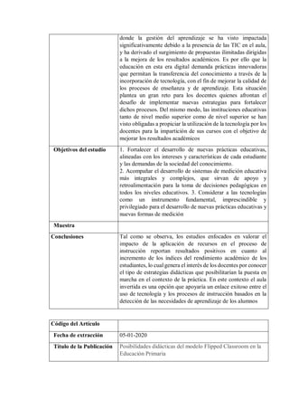 donde la gestión del aprendizaje se ha visto impactada
significativamente debido a la presencia de las TIC en el aula,
y ha derivado el surgimiento de propuestas ilimitadas dirigidas
a la mejora de los resultados académicos. Es por ello que la
educación en esta era digital demanda prácticas innovadoras
que permitan la transferencia del conocimiento a través de la
incorporación de tecnología, con el fin de mejorar la calidad de
los procesos de enseñanza y de aprendizaje. Esta situación
plantea un gran reto para los docentes quienes afrontan el
desafío de implementar nuevas estrategias para fortalecer
dichos procesos. Del mismo modo, las instituciones educativas
tanto de nivel medio superior como de nivel superior se han
visto obligadas a propiciar la utilización de la tecnología por los
docentes para la impartición de sus cursos con el objetivo de
mejorar los resultados académicos
Objetivos del estudio 1. Fortalecer el desarrollo de nuevas prácticas educativas,
alineadas con los intereses y características de cada estudiante
y las demandas de la sociedad del conocimiento.
2. Acompañar el desarrollo de sistemas de medición educativa
más integrales y complejos, que sirvan de apoyo y
retroalimentación para la toma de decisiones pedagógicas en
todos los niveles educativos. 3. Considerar a las tecnologías
como un instrumento fundamental, imprescindible y
privilegiado para el desarrollo de nuevas prácticas educativas y
nuevas formas de medición
Muestra
Conclusiones Tal como se observa, los estudios enfocados en valorar el
impacto de la aplicación de recursos en el proceso de
instrucción reportan resultados positivos en cuanto al
incremento de los índices del rendimiento académico de los
estudiantes, lo cual genera el interés de los docentes por conocer
el tipo de estrategias didácticas que posibilitarían la puesta en
marcha en el contexto de la práctica. En este contexto el aula
invertida es una opción que apoyaría un enlace exitoso entre el
uso de tecnología y los procesos de instrucción basados en la
detección de las necesidades de aprendizaje de los alumnos
Código del Artículo
Fecha de extracción 05-01-2020
Título de la Publicación Posibilidades didácticas del modelo Flipped Classroom en la
Educación Primaria
 