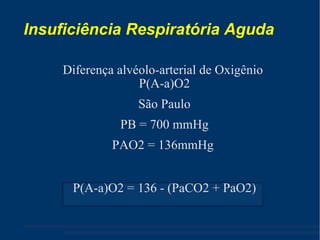 Insuficiência Respiratória Aguda Diferença alvéolo-arterial de Oxigênio  P(A-a)O2 São Paulo PB = 700 mmHg PAO2 = 136mmHg  P(A-a)O2 =    - (PaCO2 + PaO2) ‏ 