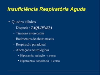 Insuficiência Respiratória Aguda Quadro clínico Dispnéia /  TAQUIPNÉIA Tiragens intercostais Batimentos de aletas nasais Respiração paradoxal Alterações neurológicas Hipoxemia: agitação    coma Hipercapnia: sonolência    coma 