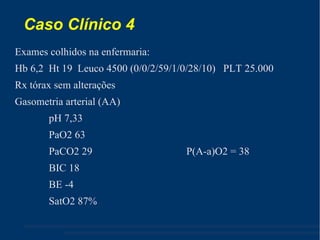 Caso Clínico 4 Exames colhidos na enfermaria: Hb 6,2  Ht 19  Leuco 4500 (0/0/2/59/1/0/28/10)  PLT 25.000  Rx tórax sem alterações Gasometria arterial (AA) ‏ pH 7,33  PaO2 63 PaCO2 29  P(A-a)O2 = 38 BIC 18 BE -4 SatO2 87% 