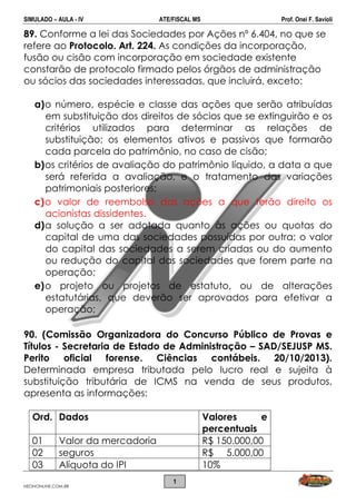 SIMULADO – AULA - IV ATE/FISCAL MS Prof. Onei F. Savioli
NEONONLINE.COM.BR
1
89. Conforme a lei das Sociedades por Ações nº 6.404, no que se
refere ao Protocolo. Art. 224. As condições da incorporação,
fusão ou cisão com incorporação em sociedade existente
constarão de protocolo firmado pelos órgãos de administração
ou sócios das sociedades interessadas, que incluirá, exceto:
a)o número, espécie e classe das ações que serão atribuídas
em substituição dos direitos de sócios que se extinguirão e os
critérios utilizados para determinar as relações de
substituição; os elementos ativos e passivos que formarão
cada parcela do patrimônio, no caso de cisão;
b)os critérios de avaliação do patrimônio líquido, a data a que
será referida a avaliação, e o tratamento das variações
patrimoniais posteriores;
c)o valor de reembolso das ações a que terão direito os
acionistas dissidentes.
d)a solução a ser adotada quanto às ações ou quotas do
capital de uma das sociedades possuídas por outra; o valor
do capital das sociedades a serem criadas ou do aumento
ou redução do capital das sociedades que forem parte na
operação;
e)o projeto ou projetos de estatuto, ou de alterações
estatutárias, que deverão ser aprovados para efetivar a
operação;
90. (Comissão Organizadora do Concurso Público de Provas e
Títulos - Secretaria de Estado de Administração – SAD/SEJUSP MS.
Perito oficial forense. Ciências contábeis. 20/10/2013).
Determinada empresa tributada pelo lucro real e sujeita à
substituição tributária de ICMS na venda de seus produtos,
apresenta as informações:
Ord. Dados Valores e
percentuais
01 Valor da mercadoria R$ 150.000,00
02 seguros R$ 5.000,00
03 Alíquota do IPI 10%
 