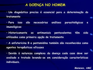 A DOENÇA NO HOMEM

• Um diagnóstico preciso é essencial para a determinação do
tratamento

• Para   isso   são        necessárias     análises   parasitológicas     e
imunológicas

• Historicamente      os     antimoniais     pentavalentes    têm       sido
utilizados como primeira opção de tratamento

• A anfotericina B e pentamidina também são reconhecidos como
agentes terapêuticos eficazes

• Devido à natureza complexa da doença cada caso deve ser
avaliado e tratado levando-se em consideração características
individuais.

                                                              Meneses, AMC
 