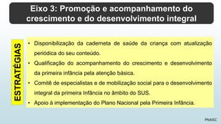 Eixo 3: Promoção e acompanhamento do
crescimento e do desenvolvimento integral
PNAISC
• Disponibilização da caderneta de saúde da criança com atualização
periódica do seu conteúdo.
• Qualificação do acompanhamento do crescimento e desenvolvimento
da primeira infância pela atenção básica.
• Comitê de especialistas e de mobilização social para o desenvolvimento
integral da primeira Infância no âmbito do SUS.
• Apoio à implementação do Plano Nacional pela Primeira Infância.
ESTRATÉGIAS
 