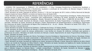REFERÊNCIAS
PNAISC
• ALMEIDA, PVB. Apresentação. In: PENELLO, L. M.; LUGARINHO, L. P. (Org.). Estratégia Brasileirinhas e Brasileirinhos Saudáveis: a
contribuição da estratégia Brasileirinhas e Brasileirinhos Saudáveis à construção de uma política de Atenção Integral à Saúde da
Criança. Rio de Janeiro: Instituto Fernandes Figueira, 2013.
• Brasil. Ministério da Saúde. Gabinete do Ministro. Portaria nº 1.130, de 5 de Agosto de 2015. Institui a Política Nacional de Atenção
Integral à Saúde da Criança (PNAISC) no âmbito do Sistema Único de Saúde (SUS).
• Brasil. Ministério da Saúde. Secretaria de Atenção à Saúde. Departamento de Ações Programáticas Estratégicas. Política Nacional de
Atenção Integral à Saúde da Criança : orientações para implementação / Ministério da Saúde. Secretaria de Atenção à Saúde.
Departamento de Ações Programáticas Estratégicas. – Brasília : Ministério da Saúde, 2018. 180 p. : il. ISBN 978- 85-334-2596-5
• Brasil. Ministério da Saúde. Secretaria de Atenção à Saúde. Departamento de Ações Programáticas e Estratégicas. Manual AIDPI
neonatal / Ministério da Saúde. Secretaria de Atenção à Saúde. Departamento de AçõesProgramáticas e Estratégicas, Organização
Pan-Americana da Saúde. Coordenação de Rejane Silva Cavalcante et al. – 5a. ed. – Brasília : Ministério da Saúde, 2014. 228 p. : il. –
(Série A. Normas e manuais técnicos)
• Brasil. Ministério da Saúde. Passaporte da Cidadania – Caderneta da Criança. 12ª Edição. Brasília
• Brasil. Ministério da Saúde. Secretaria de Atenção à Saúde. Departamento de Ações Programáticas Estratégicas. Linha de cuidado
para a atenção integral à saúde de crianças, adolescentes e suas famílias em situação de violências: orientação para gestores e
profissionais de saúde / Ministério da Saúde. Secretaria de Atenção à Saúde. Departamento de Ações Programáticas Estratégicas. –
Brasília : Ministério da Saúde, 2010.
• Brasil. Ministério da Saúde. Secretaria de Ciência, Tecnologia e Insumos Estratégicos. Departamento de Ciência e Tecnologia. Síntese
de evidências para políticas de saúde: promovendo o desenvolvimento na primeira infância / Ministério da Saúde, Secretaria de
Ciência, Tecnologia e Insumos Estratégicos, Departamento de Ciência e Tecnologia. – Brasília: Ministério da Saúde, 2016.
• Brasil. Ministério da Saúde. Secretaria de Vigilância em Saúde. Secretaria de Atenção à Saúde. Manual de vigilância do óbito infantil
e fetal e do Comitê de Prevenção do Óbito Infantil e Fetal / Ministério da Saúde, Secretaria de Vigilância em Saúde, Secretaria de
Atenção à Saúde. – 2. ed. – Brasília : Ministério da Saúde, 2009.
• Brasil. Ministério da Saúde. Secretaria de Atenção à Saúde. Departamento de Ações Programáticas Estratégicas. Guia de orientações
para o Método Canguru na Atenção Básica : cuidado compartilhado / Ministério da Saúde, Secretaria de Atenção à Saúde,
Departamento de Ações Programáticas Estratégicas. – Brasília : Ministério da Saúde, 2016.
 