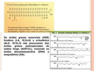 20
Os ácidos graxos essenciais (AGE)
linoléico (LA, 18:2n-6) e a-linolênico
(ALA, 18:3n-3) são precursores dos
ácidos graxos poliinsaturados de
cadeia longa (AGPI-CL), incluindo os
ácidos docosahexaenóico (DHA) e
araquidônico (AA).
 