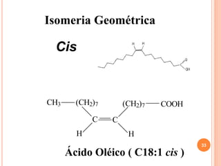Isomeria Geométrica
CH3 (CH2)7 (CH2)7 COOH
C C
H H
Cis
Ácido Oléico ( C18:1 cis )
33
 