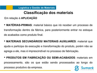 Logística e Gestão de Materiais

Classificação dos materiais
Em relação à APLICAÇÃO
 MATÉRIAS-PRIMAS: material básico que irá receber um processo de
transformação dentro da fábrica, para posteriormente entrar no estoque
de acabados como produto final.
 MATERIAIS SECUNDÁRIOS/ MATERIAIS AUXILIARES: material que
ajuda e participa da execução e transformação do produto, porém não se
agrega a ele, mas é imprescindível no processo de fabricação.
 PRODUTOS EM FABRICAÇÃO OU SEMI-ACABADOS: materiais em
processamento, são os que estão sendo processados ao longo do
processo produtivo da empresa.

 