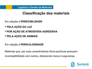 Logística e Gestão de Materiais

Classificação dos materiais
Em relação à PERECIBILIDADE
 PELA AÇÃO DA LUZ
 POR AÇÃO DE ATMOSFERA AGRESSIVA
 PELA AÇÃO DE ANIMAIS
Em relação à PERICULOSIDADE
Materiais que, por suas características físico-químicas possuem
incompatibilidade com outros, oferecendo riscos à segurança.

 