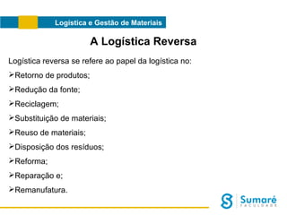 Logística e Gestão de Materiais

A Logística Reversa
Logística reversa se refere ao papel da logística no:
Retorno de produtos;
Redução da fonte;
Reciclagem;
Substituição de materiais;
Reuso de materiais;
Disposição dos resíduos;
Reforma;
Reparação e;
Remanufatura.

 