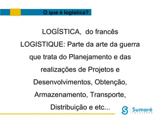 O que é logística?

LOGÍSTICA, do francês
LOGISTIQUE: Parte da arte da guerra
que trata do Planejamento e das
realizações de Projetos e
Desenvolvimentos, Obtenção,
Armazenamento, Transporte,
Distribuição e etc...

 