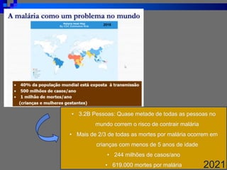 • 3.2B Pessoas: Quase metade de todas as pessoas no
mundo correm o risco de contrair malária
• Mais de 2/3 de todas as mortes por malária ocorrem em
crianças com menos de 5 anos de idade
• 244 milhões de casos/ano
• 619.000 mortes por malária 2021
 