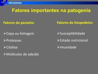 PATOGENIA
Fatores do hospedeiro:
➢Susceptibilidade
➢Estado nutricional
➢Imunidade
Fatores do parasito:
➢Cepa ou linhagem
➢Proteases
➢Citólise
➢Moléculas de adesão
Fatores importantes na patogenia
 