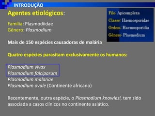 INTRODUÇÃO
Agentes etiológicos:
Família: Plasmodiidae
Gênero: Plasmodium
Mais de 150 espécies causadoras de malária
Quatro espécies parasitam exclusivamente os humanos:
Plasmodium vivax
Plasmodium falciparum
Plasmodium malariae
Plasmodium ovale (Continente africano)
Recentemente, outra espécie, o Plasmodium knowlesi, tem sido
associada a casos clínicos no continente asiático.
 