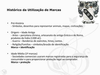 • Pré-História
- Símbolos, desenhos para representar animais, mapas, civilizações.
• Origem – Idade Antiga
- Artes – porcelana chinesa, artesanato da antiga Grécia e de Roma,
produtos da Índia (1300 aC).
- Guerra – Bandeiras de exércitos, hinos, cantos.
• - Religião/Famílias – símbolos/brasão de identificação
Marca = identificação
• Idade Média (1ª marcas)
- Sociedades comerciais usaram marcas registradas para a segurança do
consumidor e para proporcionar proteção legal ao comprador.
Marca = proteção
Histórico da Utilização de Marcas
 