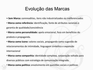 • Sem Marca: commodities, itens não industrializados ou indiferenciados
• Marca como referência: identificação, fonte de atributos racionais e
garantia de qualidade/consistência
• Marca como personalidade: apelo emocional, foco em benefícios do
produto e propaganda.
• Marca como ícone: valores sociais, propaganda como sugestão de
relacionamentos de intimidade, linguagem simbólica e expansão
internacional
• Marca como companhia: identidade complexa, corporação voltada para
diversos públicos com estratégia de comunicação integrada.
• Marca como política: envolvimento em questões sociais e políticas
Evolução das Marcas
 