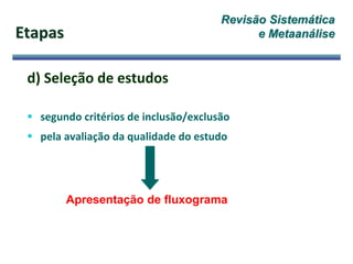 Etapas
d) Seleção de estudos
 segundo critérios de inclusão/exclusão
 pela avaliação da qualidade do estudo
Apresentação de fluxograma
Revisão Sistemática
e Metaanálise
 
