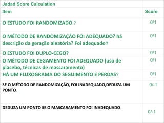 0/-1
Jadad Score Calculation
Item Score
O ESTUDO FOI RANDOMIZADO ? 0/1
O MÉTODO DE RANDOMIZAÇÃO FOI ADEQUADO? há
descrição da geração aleatória? Foi adequado?
0/1
O ESTUDO FOI DUPLO-CEGO? 0/1
O MÉTODO DE CEGAMENTO FOI ADEQUADO (uso de
placebo, técnicas de mascaramento)
0/1
HÁ UM FLUXOGRAMA DO SEGUIMENTO E PERDAS? 0/1
SE O MÉTODO DE RANDOMIZAÇÃO, FOI INADEQUADO,DEDUZA UM
PONTO.
0/-1
DEDUZA UM PONTO SE O MASCARAMENTO FOI INADEQUADO.
 