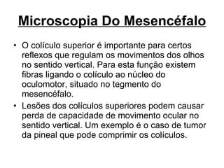Microscopia Do Mesencéfalo O colículo superior é importante para certos reflexos que regulam os movimentos dos olhos no sentido vertical. Para esta função existem fibras ligando o colículo ao núcleo do oculomotor, situado no tegmento do mesencéfalo. Lesões dos colículos superiores podem causar perda de capacidade de movimento ocular no sentido vertical. Um exemplo é o caso de tumor da pineal que pode comprimir os colículos. 