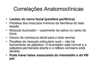 Correlações Anatomoclínicas Lesões do nervo facial (paralisia periférica). Paralisia dos músculos mímicos da hemiface do lado lesado. Músculo bucinador – vazamento de saliva no canto da boca. Desvio da comissura labial para o lado normal. Paralisia do músculo orbicularis oculi – não há fechamento da pálpebra. O levantador está normal e a pálpebra permanece aberta e o reflexo corneano está abolido. Pode haver leões associadas do intermédio e do VIII par. 
