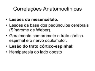 Correlações Anatomoclínicas Lesões do mesencéfalo. Lesões da base dos pedúnculos cerebrais (Síndrome de Weber). Geralmente compromete o trato córtico-espinhal e o nervo oculomotor. Lesão do trato córtico-espinhal: Hemiparesia do lado oposto 