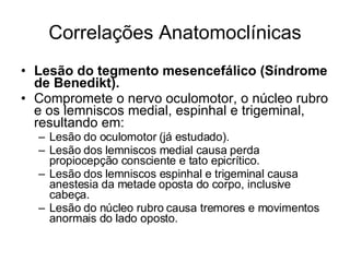 Correlações Anatomoclínicas Lesão do tegmento mesencefálico (Síndrome de Benedikt). Compromete o nervo oculomotor, o núcleo rubro e os lemniscos medial, espinhal e trigeminal, resultando em: Lesão do oculomotor (já estudado). Lesão dos lemniscos medial causa perda propiocepção consciente e tato epicrítico. Lesão dos lemniscos espinhal e trigeminal causa anestesia da metade oposta do corpo, inclusive cabeça. Lesão do núcleo rubro causa tremores e movimentos anormais do lado oposto. 