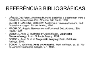 REFERÊNCIAS BIBLIOGRÁFICAS DÂNGELO E Fattini. Anatomia Humana Sistêmica e Segmentar: Para o estudante de Medicina. 2ed. Atheneu, São Paulo, 1988.  JACOB, FRANCONE, LOSSOW. Anatomia e Fisiologia Humana. 5ed. Guanabara koogan: Rio de Janeiro, 1990. MACHADO, Ângelo. Neuroanatomia Funcional. 2ed. Atheneu: São Paulo, 1999. OSBORN, Anne G. Illustrated by Julian Maack.  Diagnostic Neuroradiology.  2. ed. St. Louis: Mosby, 1994. OSBORN, Anne G. et al.  Diagnostic Imaging:  Brain. Salt Lake: Amirsys, 2004. SOBOTTA, Johannes.  Atlas de Anatomia.   Trad. Werneck. ed. 20. Rio de Janeiro: Guanabara Koogan, v. 1, 1995. 