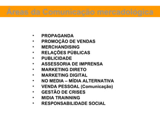 Áreas da Comunicação mercadológica

      •   PROPAGANDA
      •   PROMOÇÃO DE VENDAS
      •   MERCHANDISING
      •   RELAÇÕES PÚBLICAS
      •   PUBLICIDADE
      •   ASSESSORIA DE IMPRENSA
      •   MARKETING DIRETO
      •   MARKETING DIGITAL
      •   NO MEDIA – MÍDIA ALTERNATIVA
      •   VENDA PESSOAL (Comunicação)
      •   GESTÃO DE CRISES
      •   MIDIA TRAINNING
      •   RESPONSABILIDADE SOCIAL
 