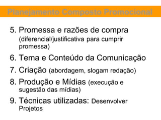 Planejamento Composto Promocional

5. Promessa e razões de compra
  (diferencial/justificativa para cumprir
  promessa)
6. Tema e Conteúdo da Comunicação
7. Criação (abordagem, slogam redação)
8. Produção e Mídias (execução e
  sugestão das mídias)
9. Técnicas utilizadas: Desenvolver
  Projetos
 