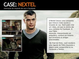 CASE: DIESELJunção entre mundo real e virtualA marca de roupas Diesel faz a junção entre mundo real e virtual. Nas lojas européias da rede, em frente aos produtos existem placas com o QR Code. Ao ler o código, o aparelho é direcionado ao site móvel do Facebook, onde o botão “like” pode ser acionado.Com isso, existe a possibilidade de compartilhar informações no mural, como por exemplo, qual foi o produto que você mais gostou e qual quer comprar. 